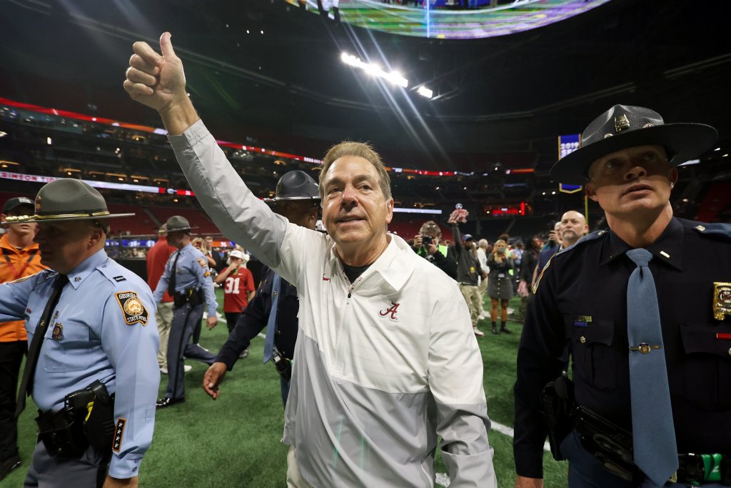 Alabama Crimson Tide head coach Nick Saban celebrates after defeating the Georgia Bulldogs in the SEC championship game